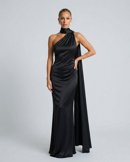 Satin Draped One Shoulder Maxi Dress