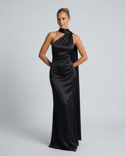Satin Draped One Shoulder Maxi Dress