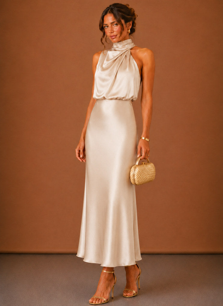 Satin High Neck Maxi Dress