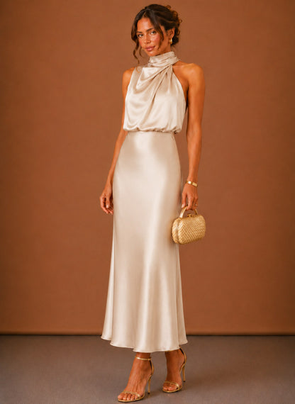 Satin High Neck Maxi Dress