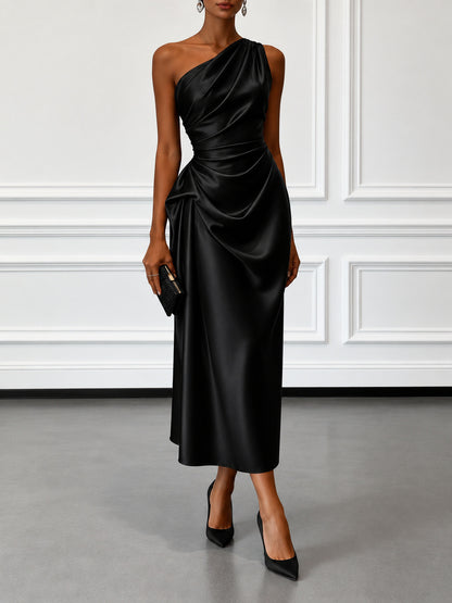 Satin One Shoulder Draped Midi Dress