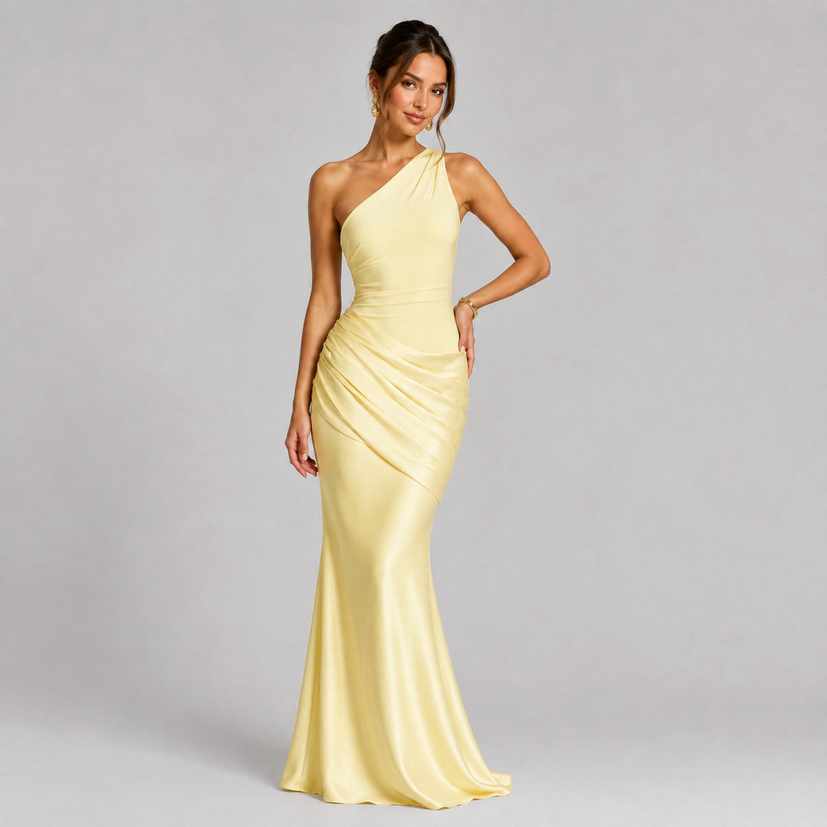 Satin Ruched One Shoulder Mermaid Maxi Dress