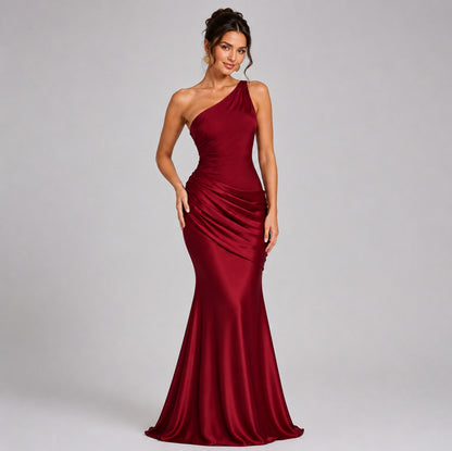 Satin Ruched One Shoulder Mermaid Maxi Dress