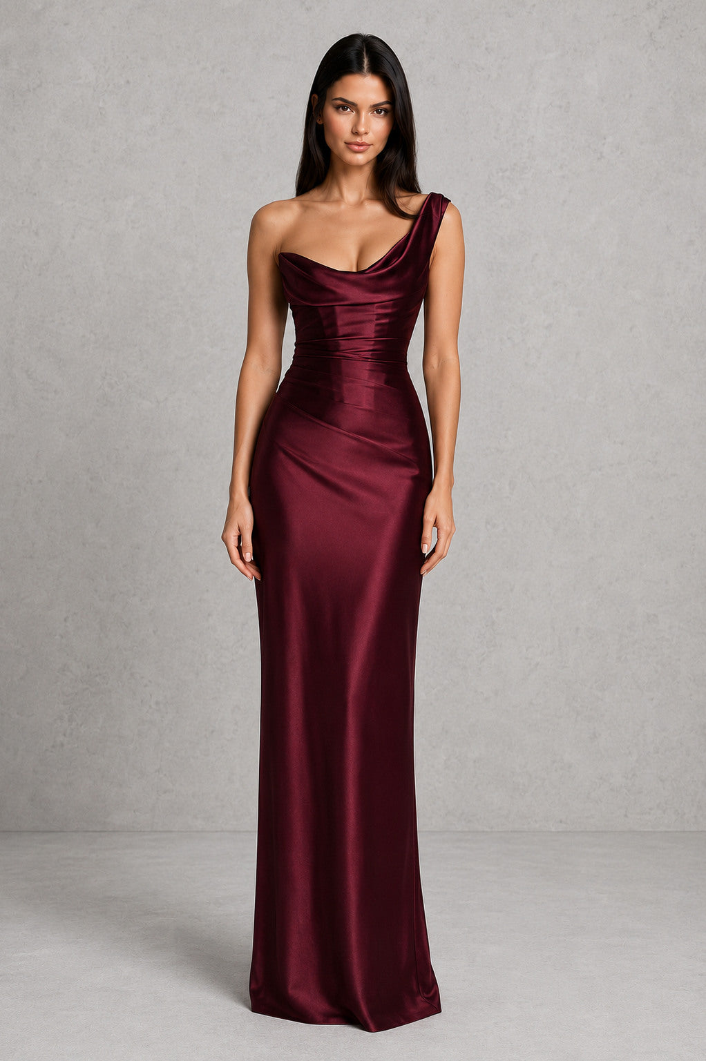 Satin Cowl Neck One Shoulder Maxi Dress