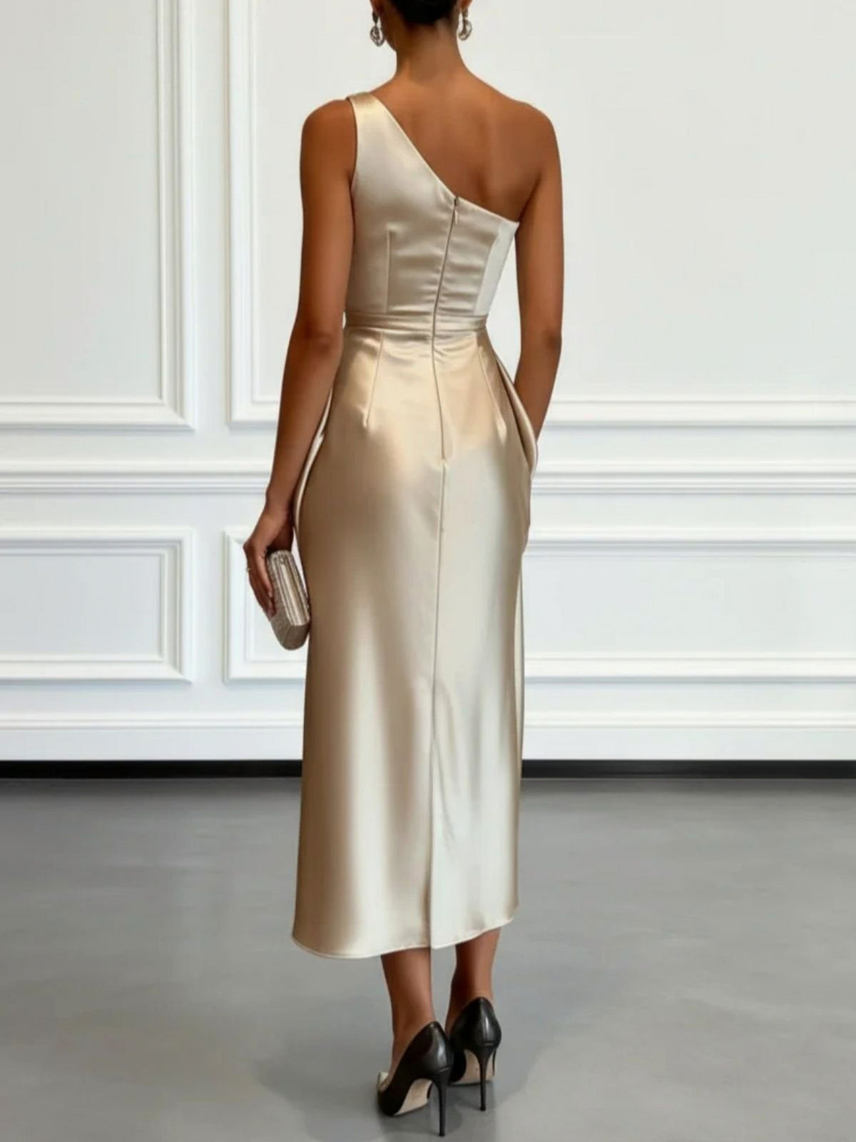 Satin One Shoulder Draped Midi Dress
