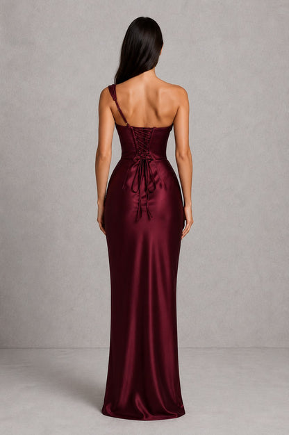 Satin Cowl Neck One Shoulder Maxi Dress