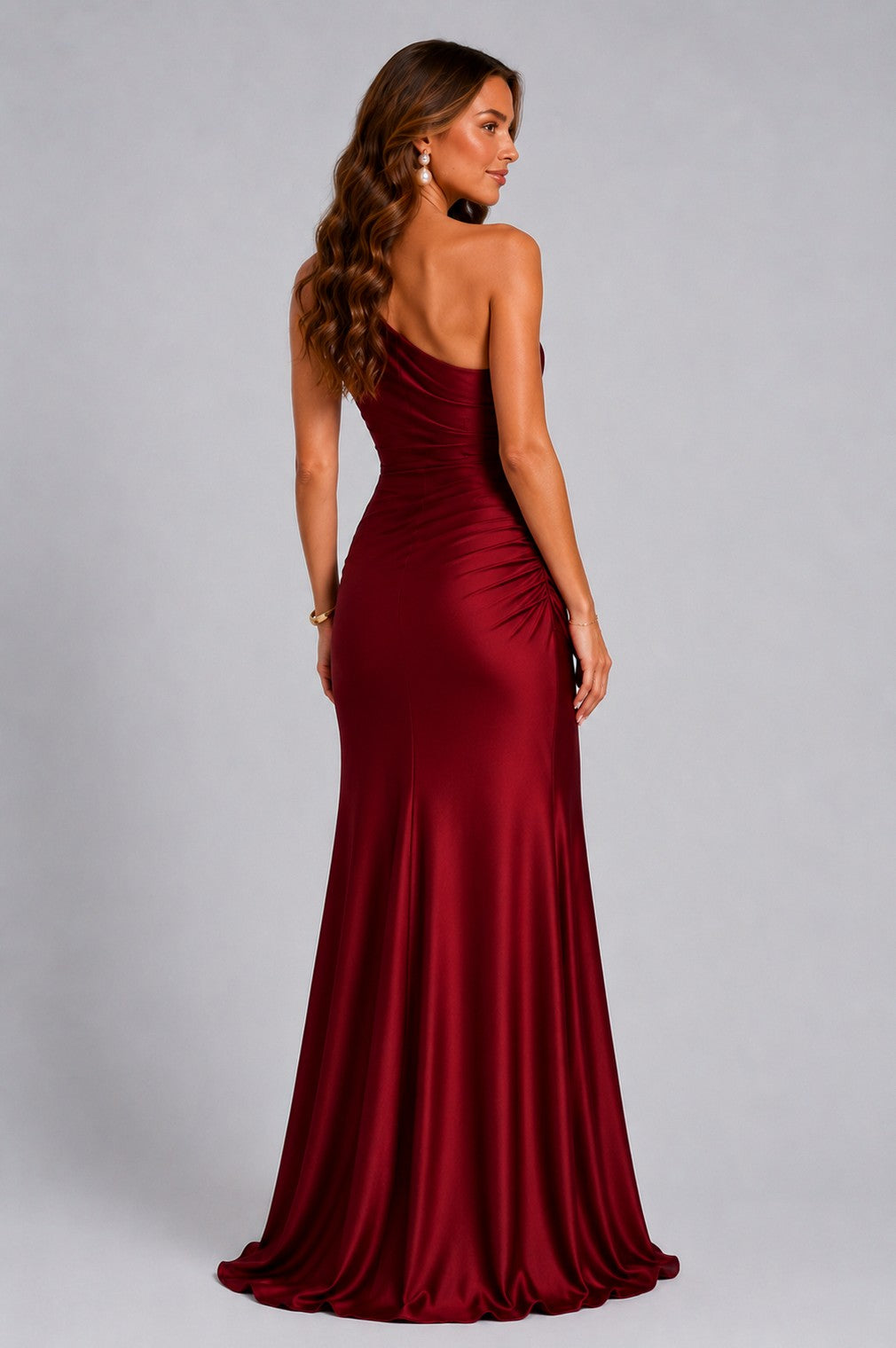 Satin Ruched One Shoulder Mermaid Maxi Dress