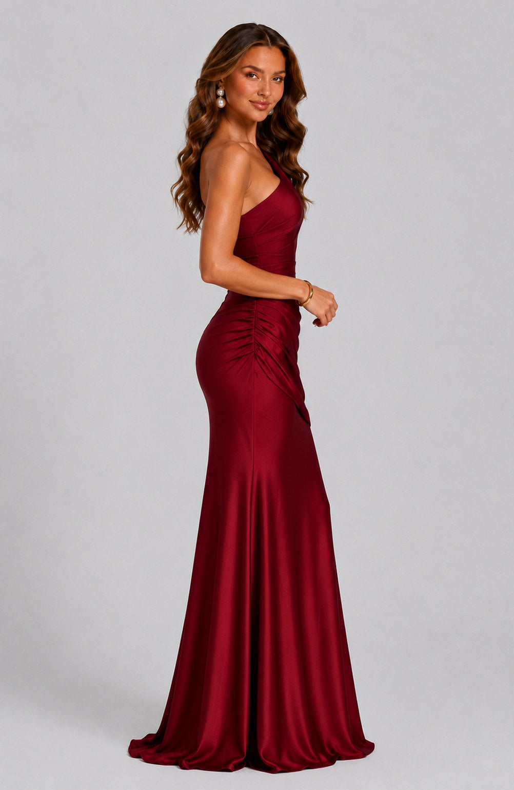 Satin Ruched One Shoulder Mermaid Maxi Dress