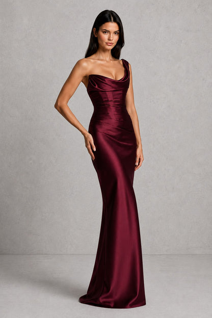 Satin Cowl Neck One Shoulder Maxi Dress