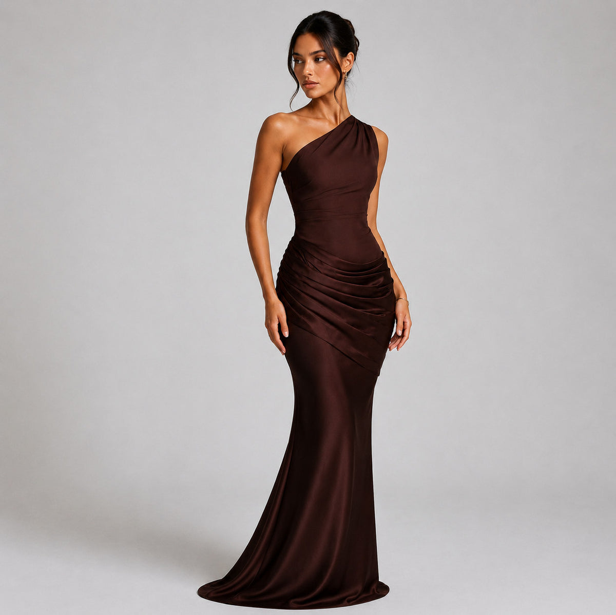 Satin Ruched One Shoulder Mermaid Maxi Dress