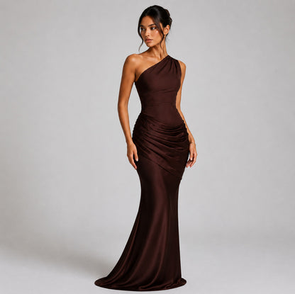 Satin Ruched One Shoulder Mermaid Maxi Dress