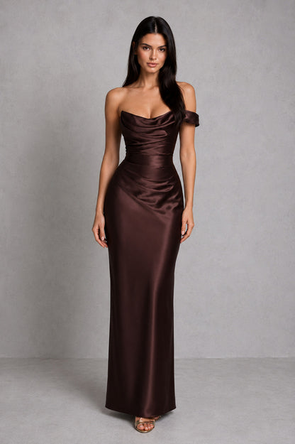 Satin Cowl Neck One Shoulder Maxi Dress