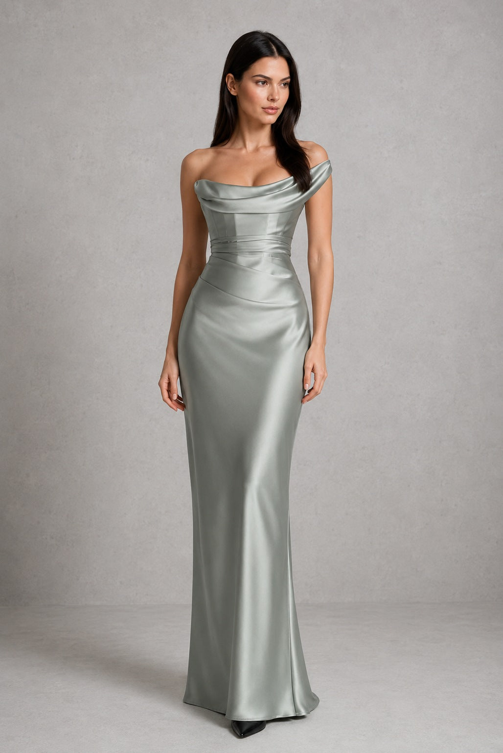 Satin Cowl Neck One Shoulder Maxi Dress