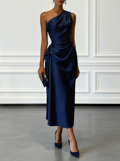 Satin One Shoulder Draped Midi Dress
