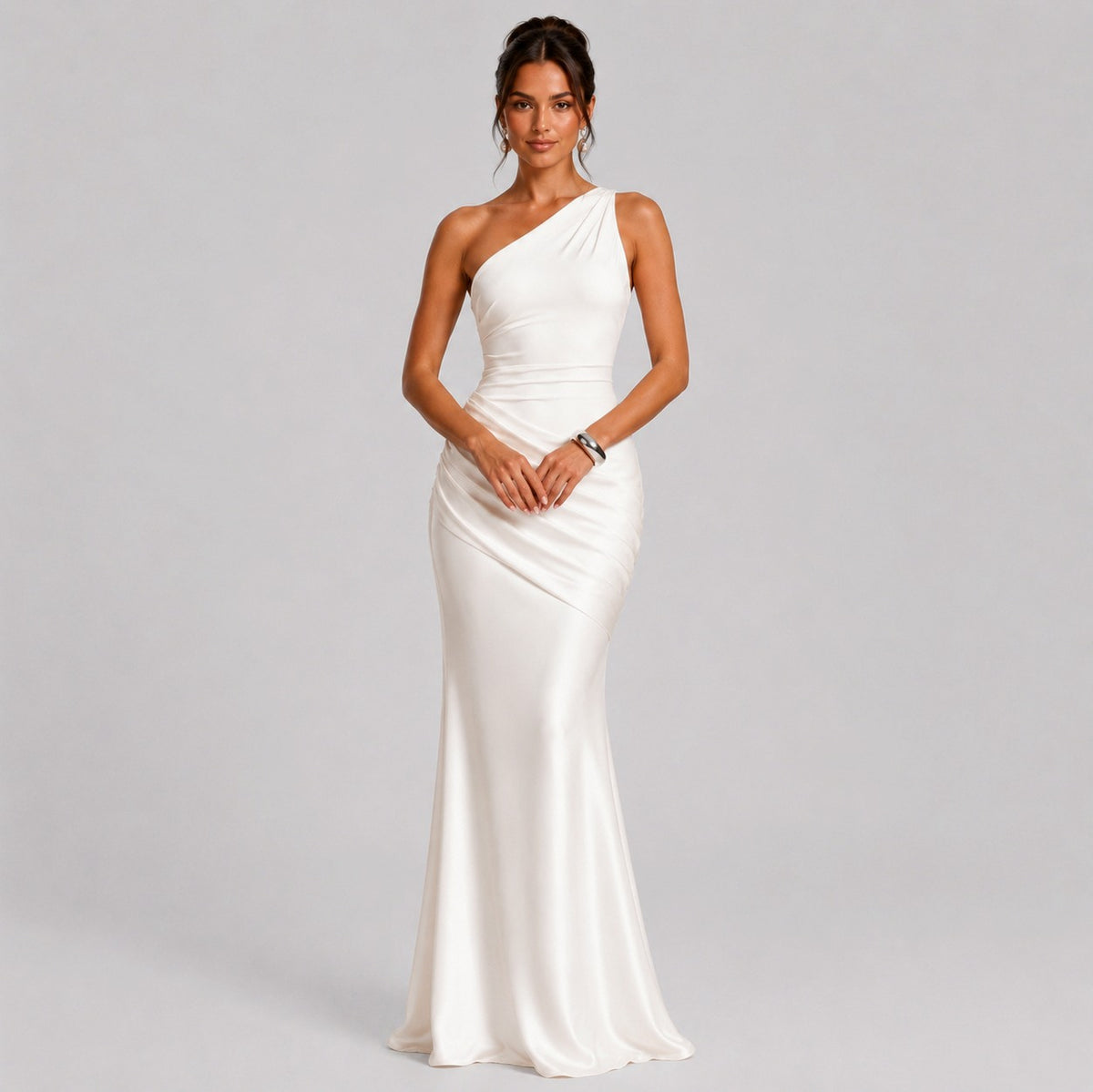 Satin Ruched One Shoulder Mermaid Maxi Dress