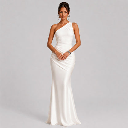 Satin Ruched One Shoulder Mermaid Maxi Dress