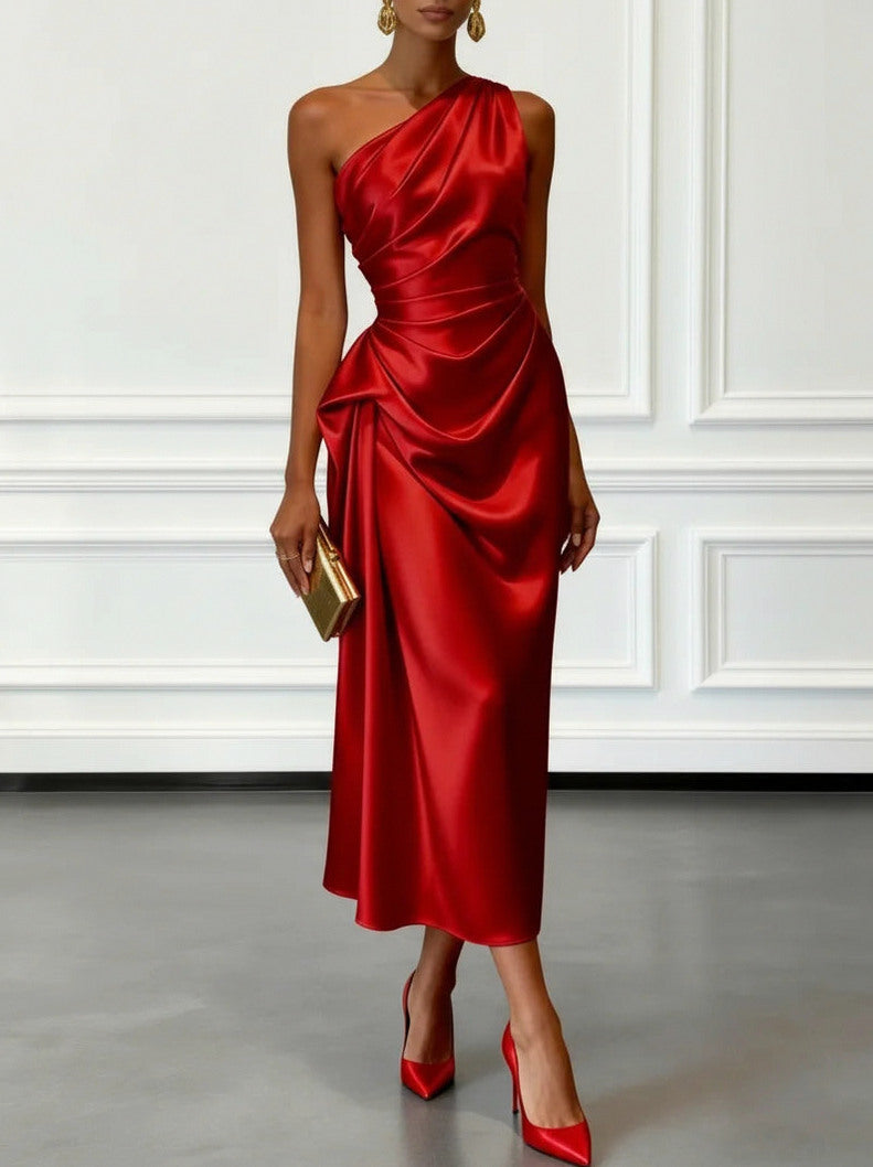 Satin One Shoulder Draped Midi Dress