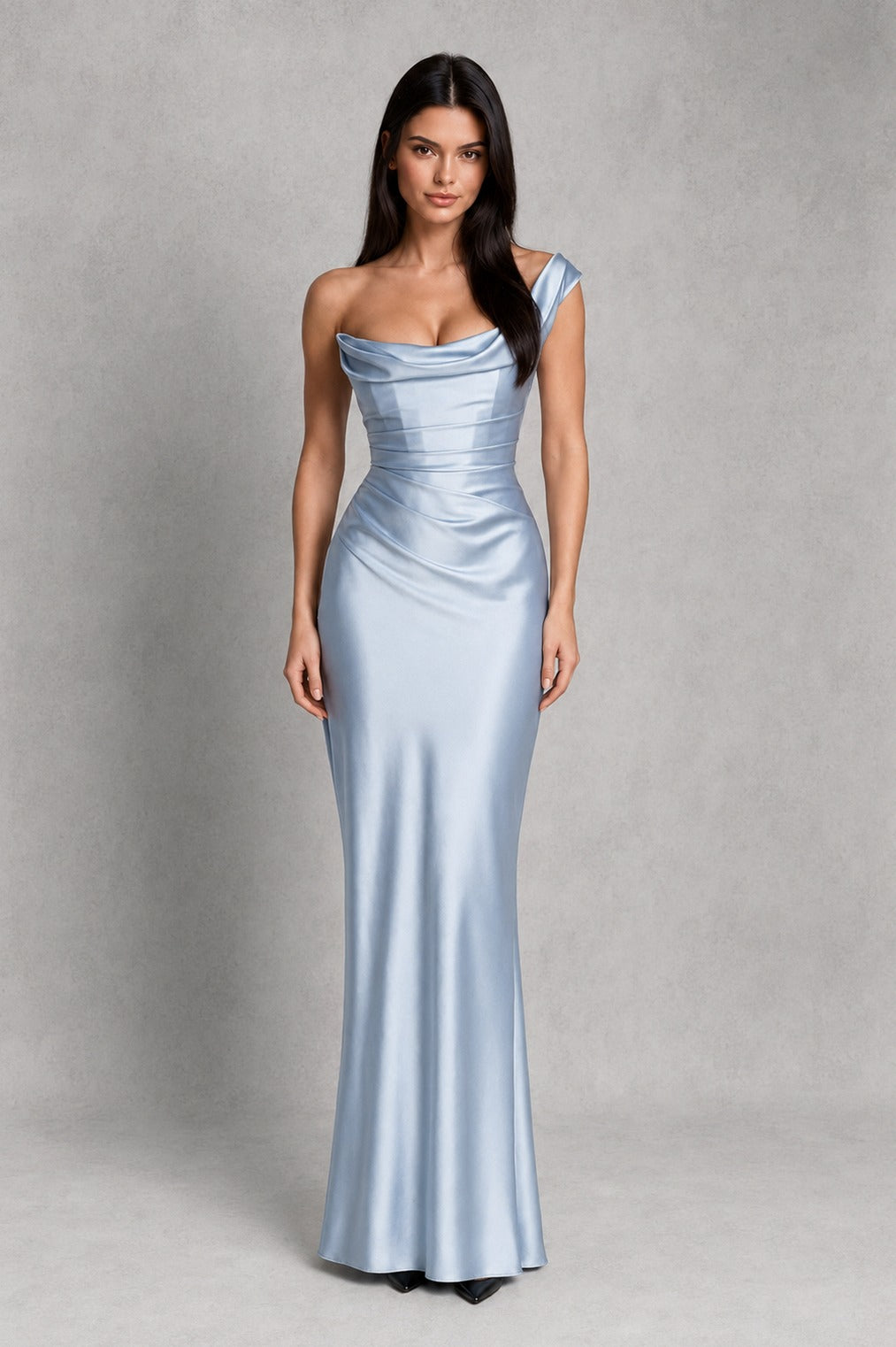 Satin Cowl Neck One Shoulder Maxi Dress
