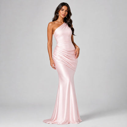 Satin Ruched One Shoulder Mermaid Maxi Dress
