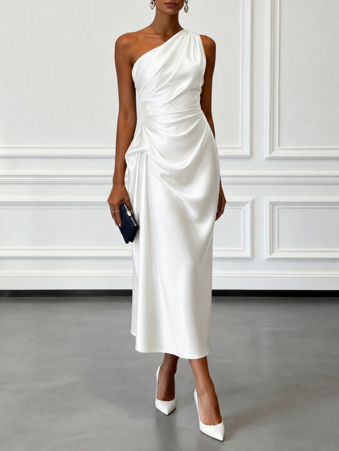 Satin One Shoulder Draped Midi Dress