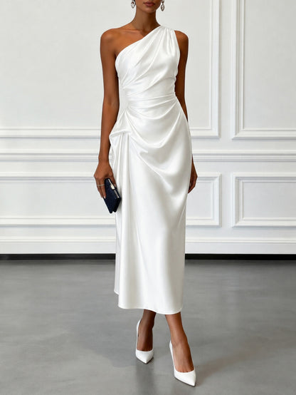 Satin One Shoulder Draped Midi Dress