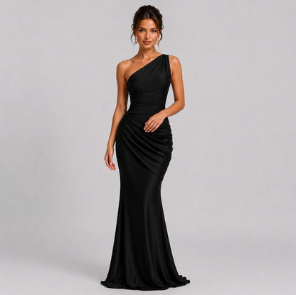 Satin Ruched One Shoulder Mermaid Maxi Dress