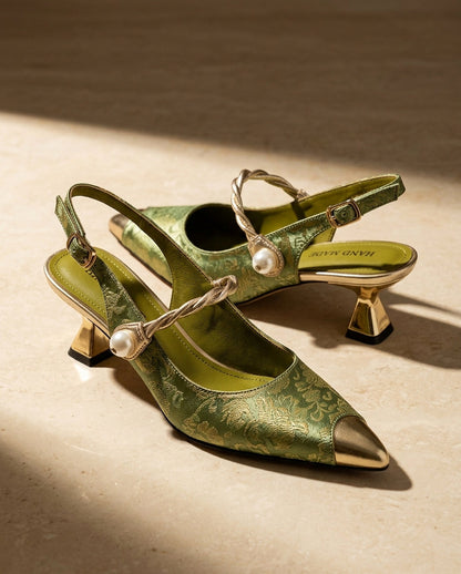 Satin Pointed Toe Slingback Kitten Heels
