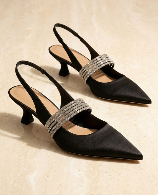 Satin Rhinestone Slingback Kitten Heels