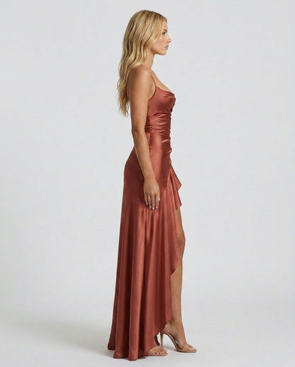 Satin Ruched Ruffle Maxi Dress