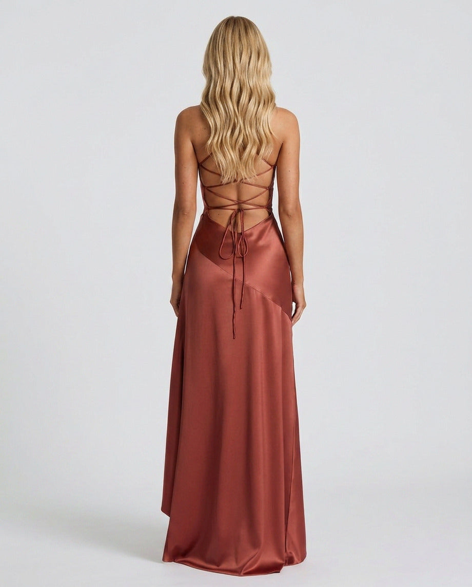 Satin Ruched Ruffle Maxi Dress