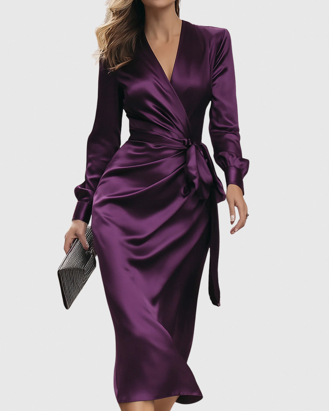 Satin Tie Waist Wrap Bodycon Midi Dress