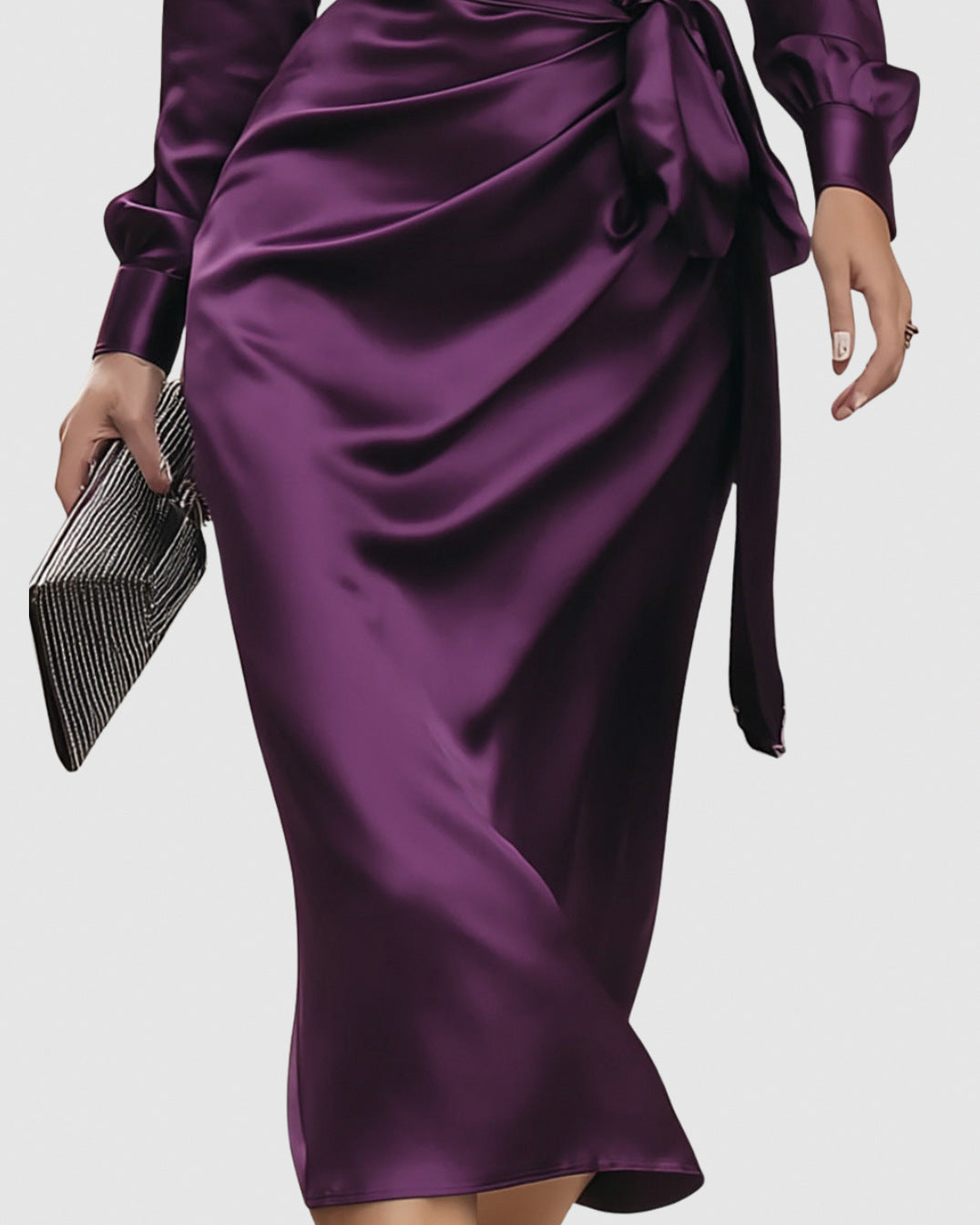 Satin Tie Waist Wrap Bodycon Midi Dress