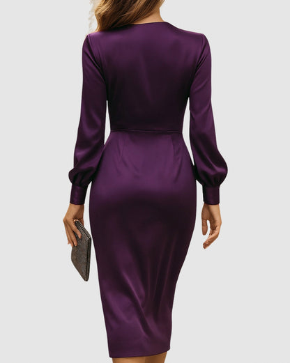 Satin Tie Waist Wrap Bodycon Midi Dress