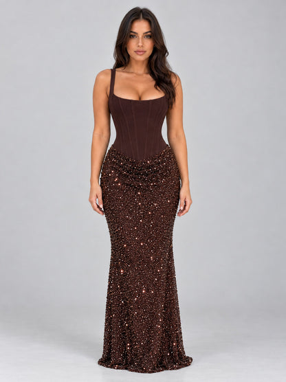Sequin Corset Drop Waist Maxi Dress