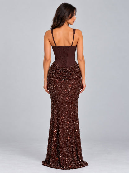 Sequin Corset Drop Waist Maxi Dress