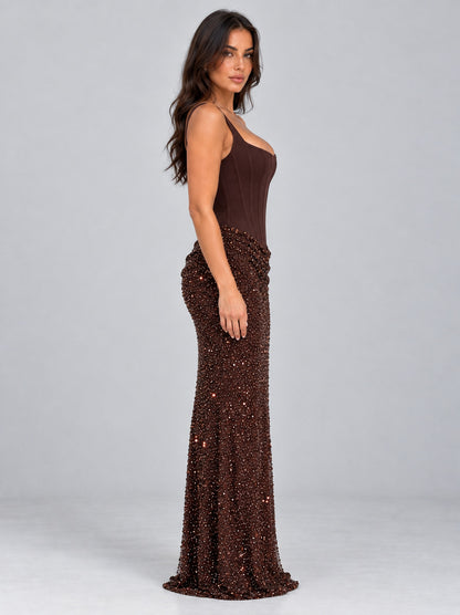 Sequin Corset Drop Waist Maxi Dress