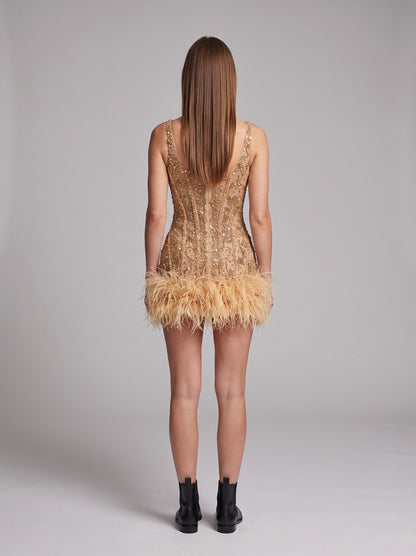 Sequin Corset Feather Hem Mini Dress