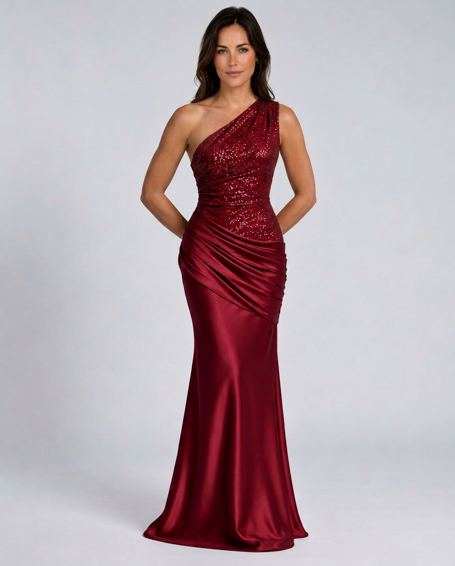 Sequin One Shoulder Satin Maxi Dress