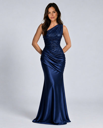 Sequin One Shoulder Satin Maxi Dress