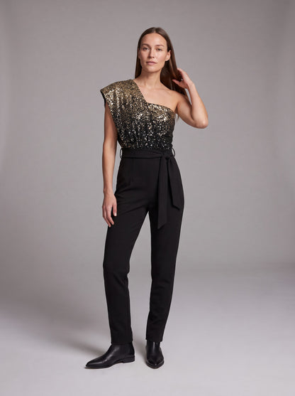 Sequin One Shoulder Tie Waist Jumpsuit
