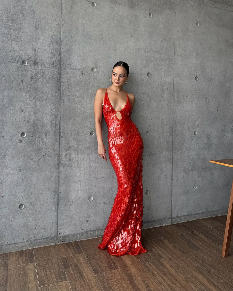 Sequin Plunge Maxi Dress