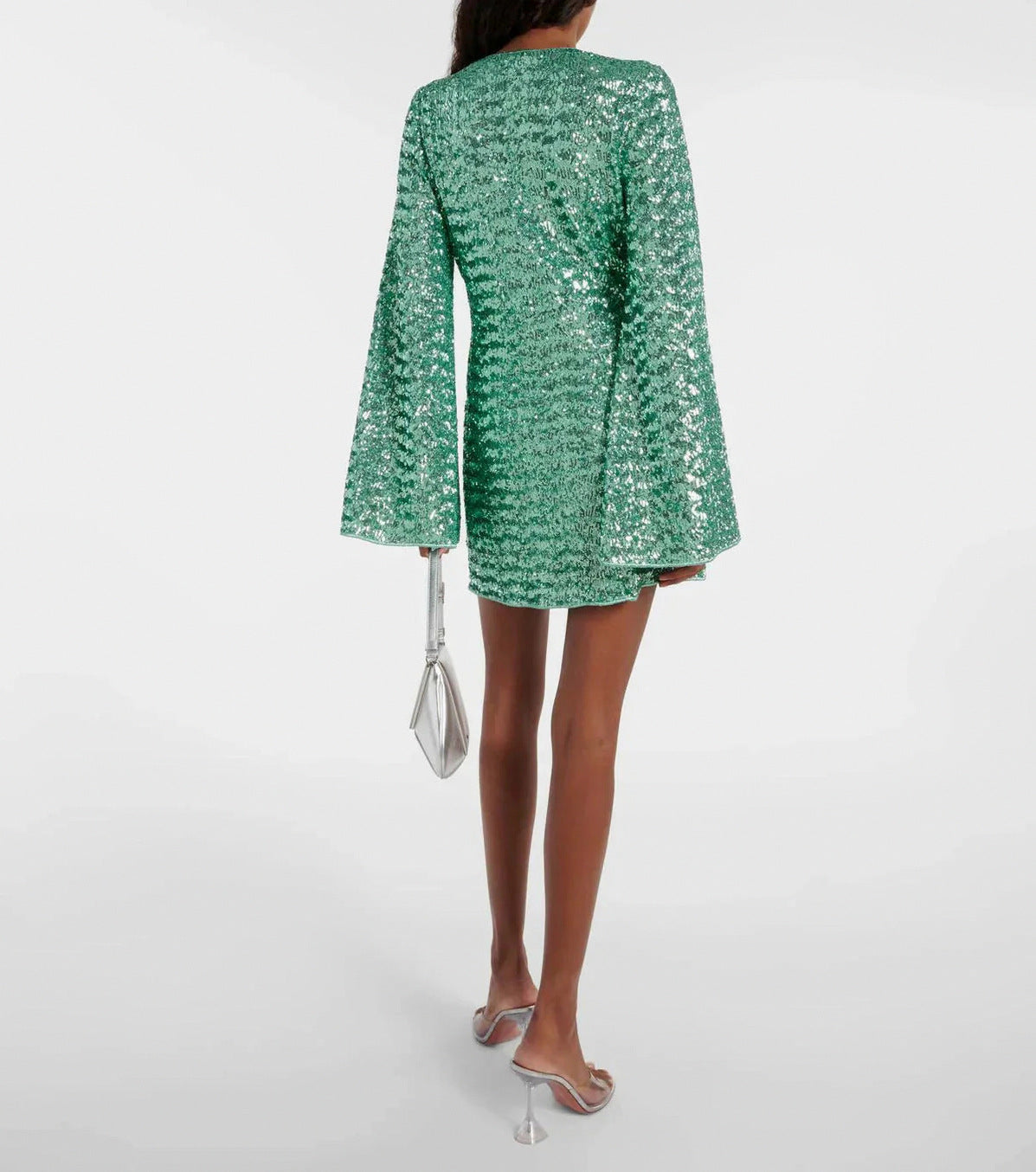 Sequin Long Sleeve Plunge Mini Dress