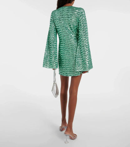 Sequin Long Sleeve Plunge Mini Dress