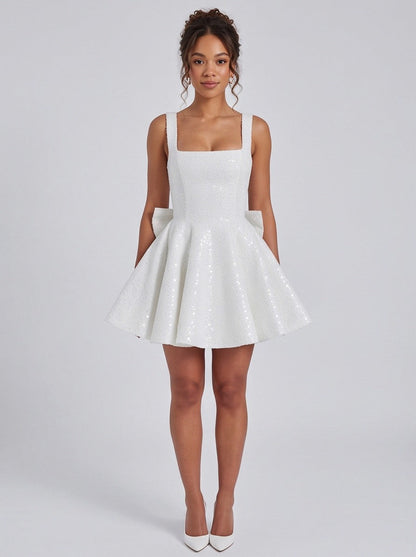 Sequin Square Neck Back Bow Mini Dress