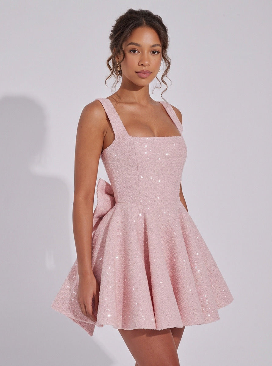Sequin Square Neck Back Bow Mini Dress