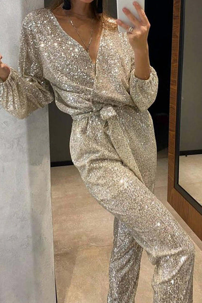 Sequin Tie Waist Wrap Jumpsuit