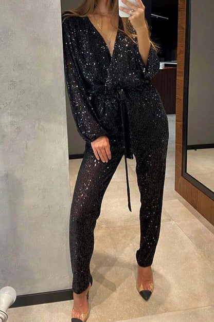 Sequin Tie Waist Wrap Jumpsuit