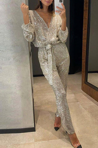 Sequin Tie Waist Wrap Jumpsuit