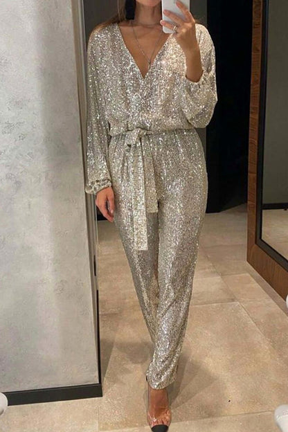 Sequin Tie Waist Wrap Jumpsuit