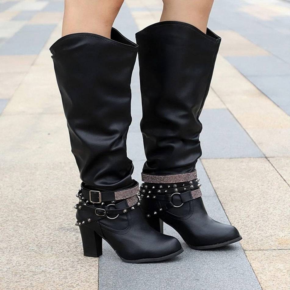 Slouch Studded Block Heel Knee High Boots